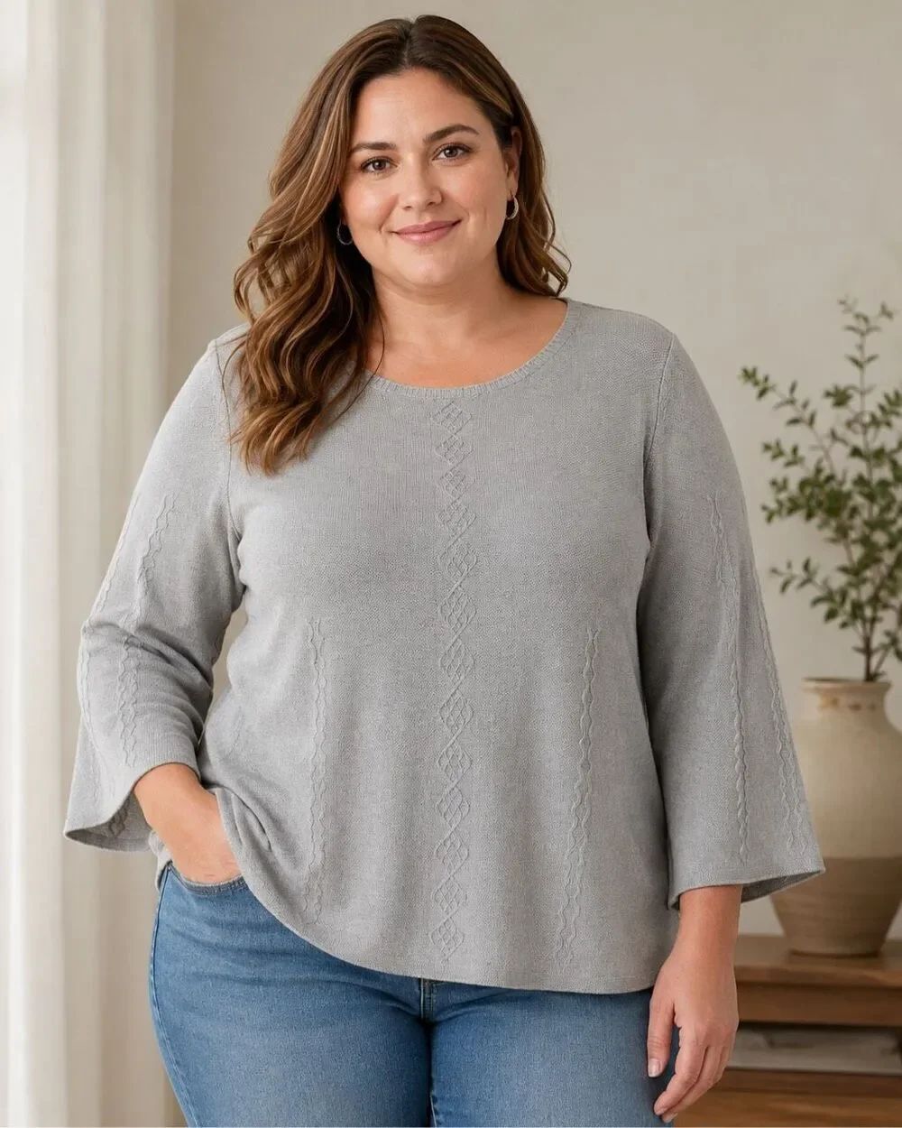 Soft Surroundings Silk Cashmere Sweater Women 2X Gray Cable Knit 3/4 Bell Sleeve